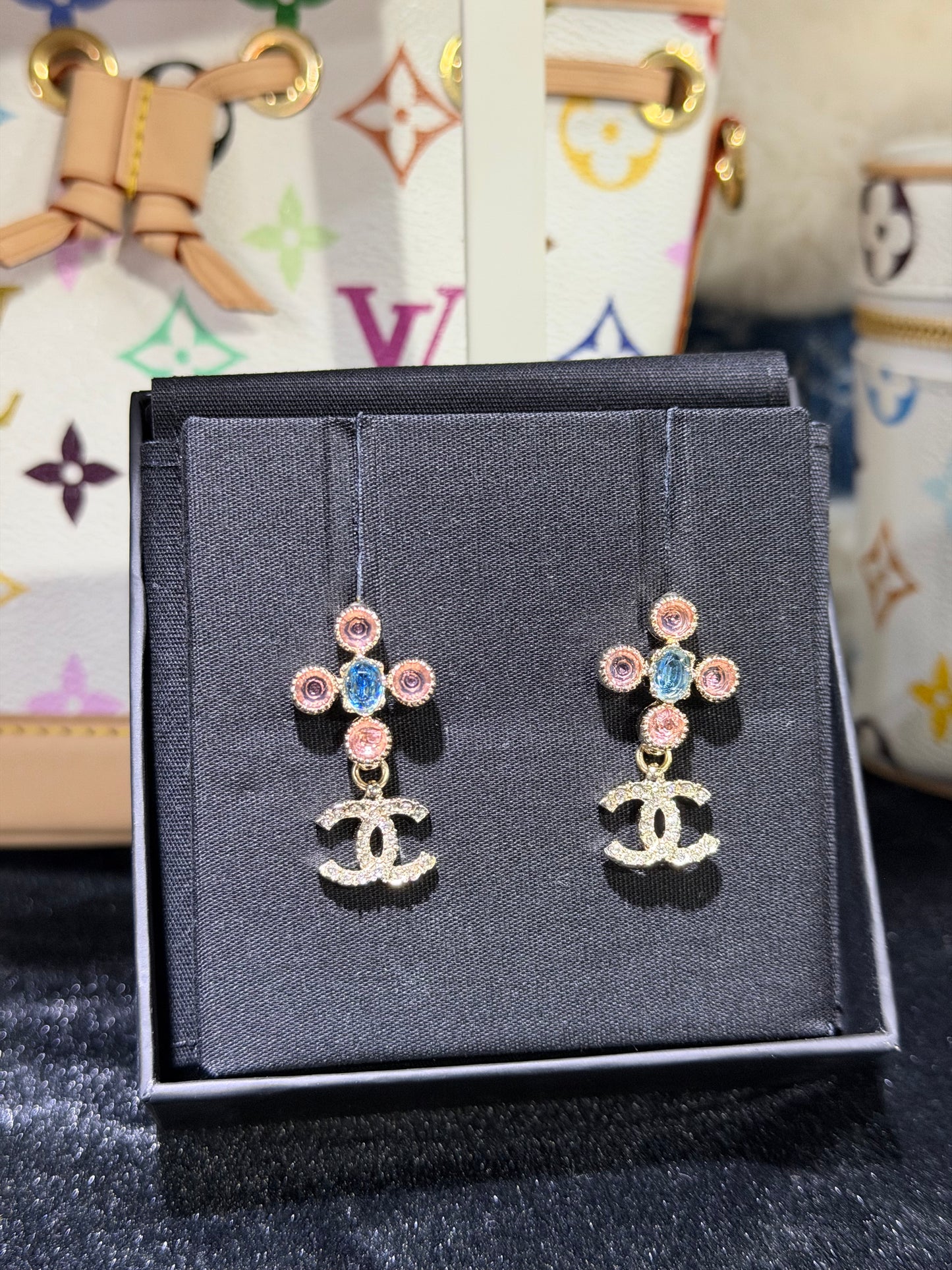 CHANEL CRYSTAL CROSS CC EARRINGS
