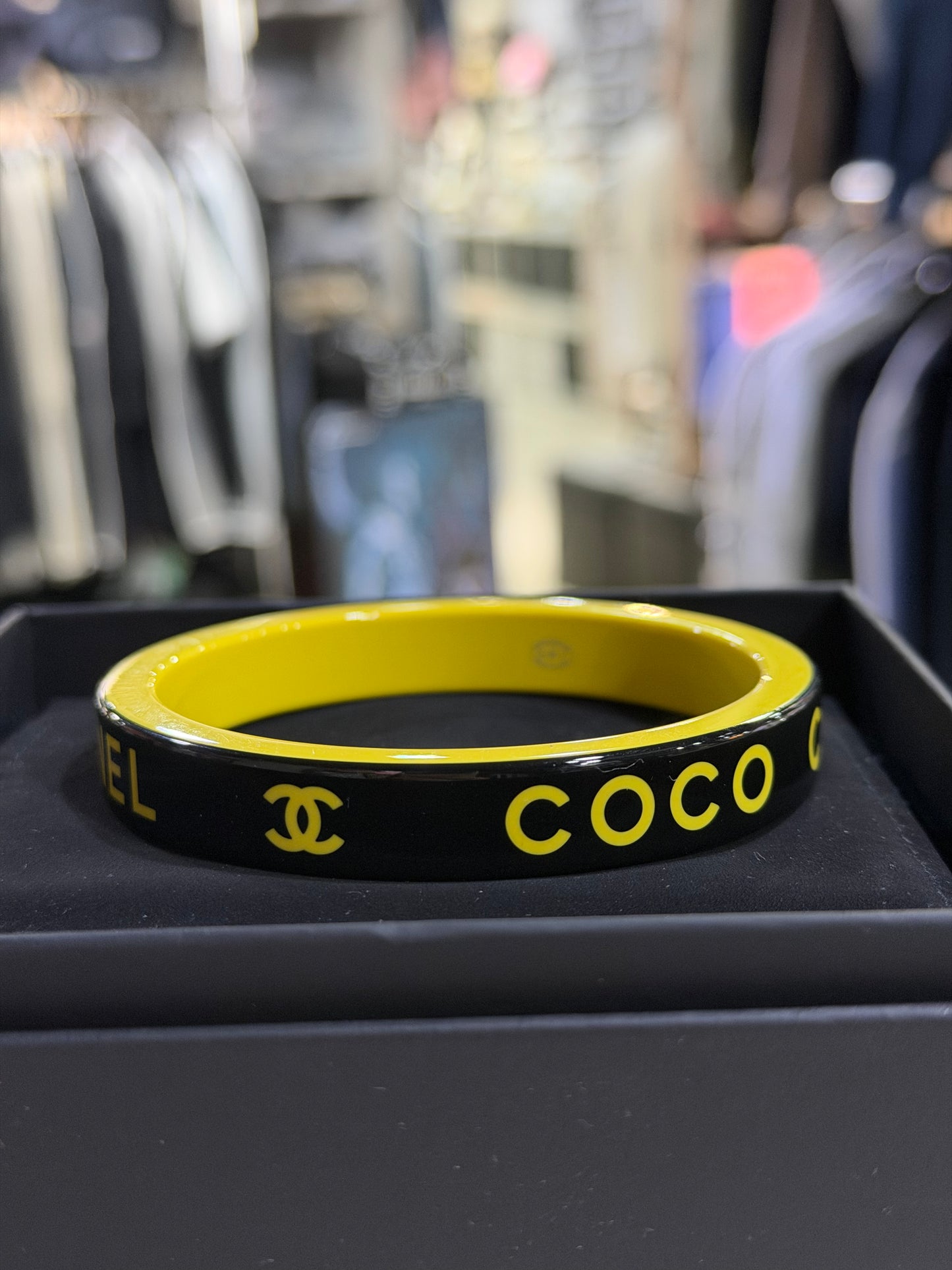 CHANEL RESIN COCO CC LOGO BANGLE BRACELET BLACK&YELLOW