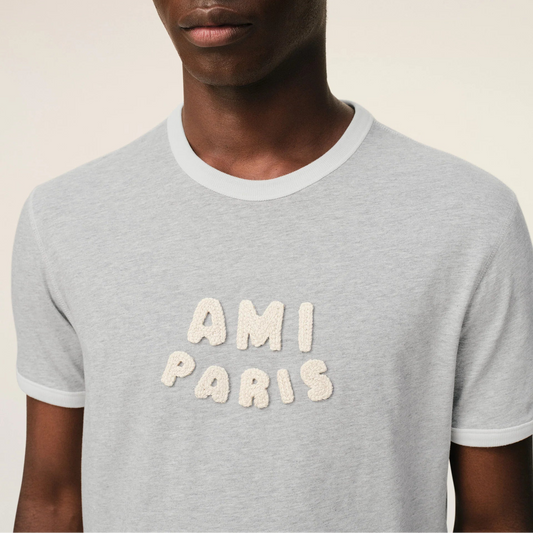 AMI PARIS GREY COTTON AMI PARIS KNITTED PATCH T-SHIRT