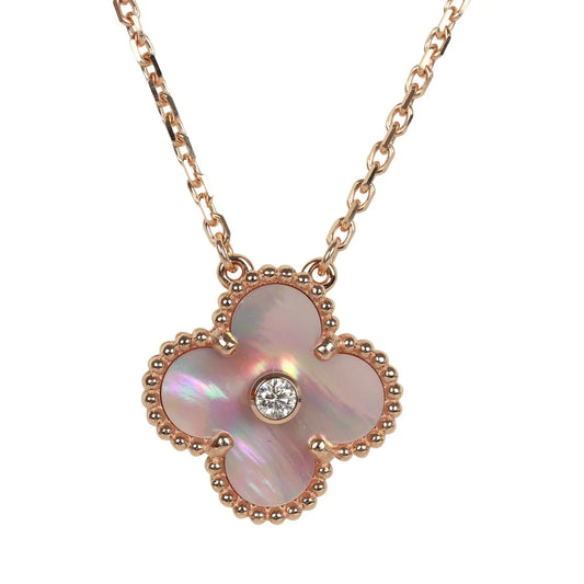 VAN CLEEF & ARPELS 2025 HOLIDAY VINTAGE ALHAMBRA PENDANT NECKLACE PINK MOTHER OF PEARL 18K ROSE GOLD HARDWARE & DIAMONDS