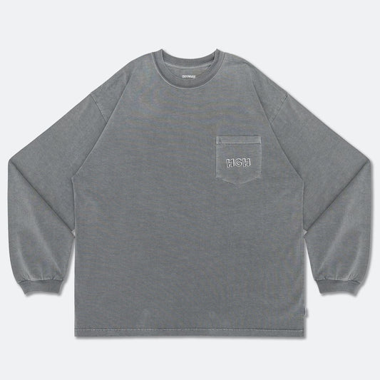 HOOGAH 24SS EMBROIDERY WASHED POCKET L/S TEE "GREY"