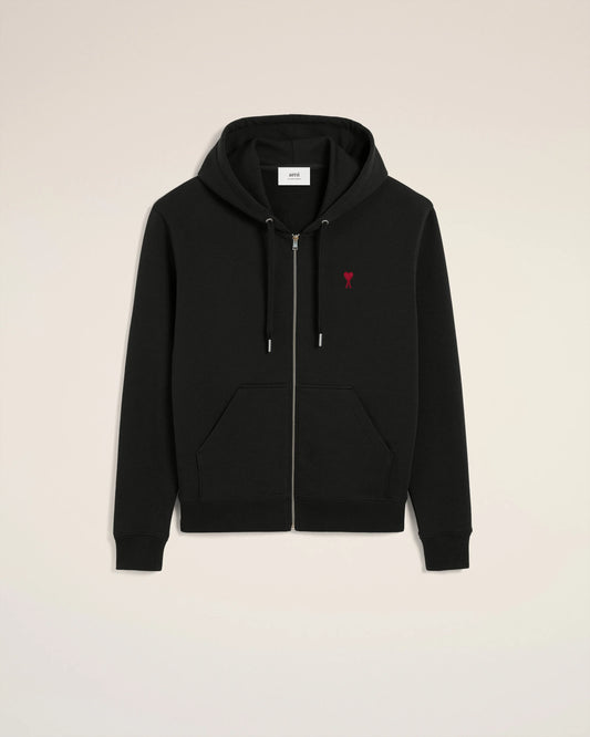 AMI PARIS BLACK COTTON AMI DE COEUR ZIPPED HOODIE (BFUSW435)