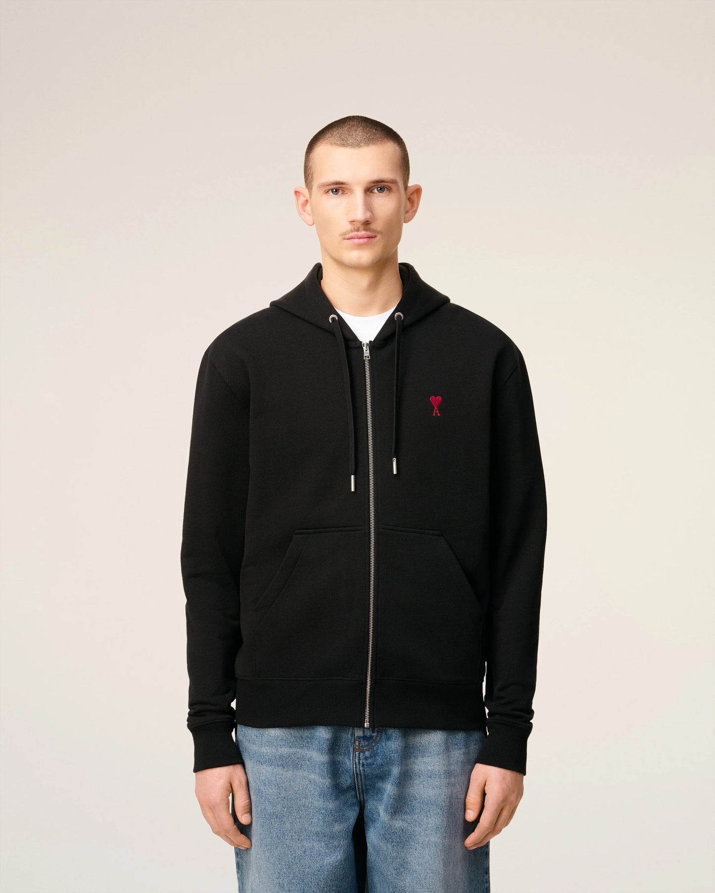 AMI PARIS BLACK COTTON AMI DE COEUR ZIPPED HOODIE (BFUSW435)