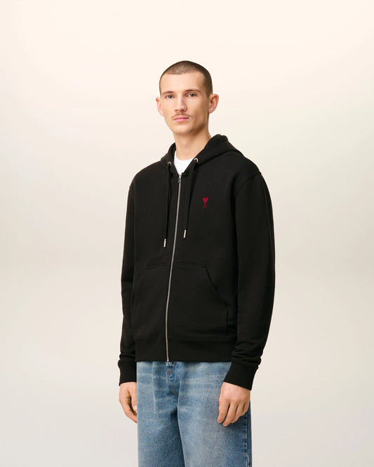 AMI PARIS BLACK COTTON AMI DE COEUR ZIPPED HOODIE (BFUSW435)