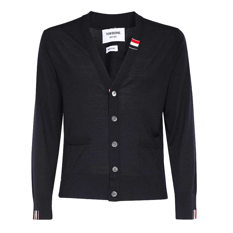 THOM BROWNE JERSEY STITCH RELAXES FIT V NECK CARDIGAN IN FINE MERINO WOOL W/ RWB STRIPE