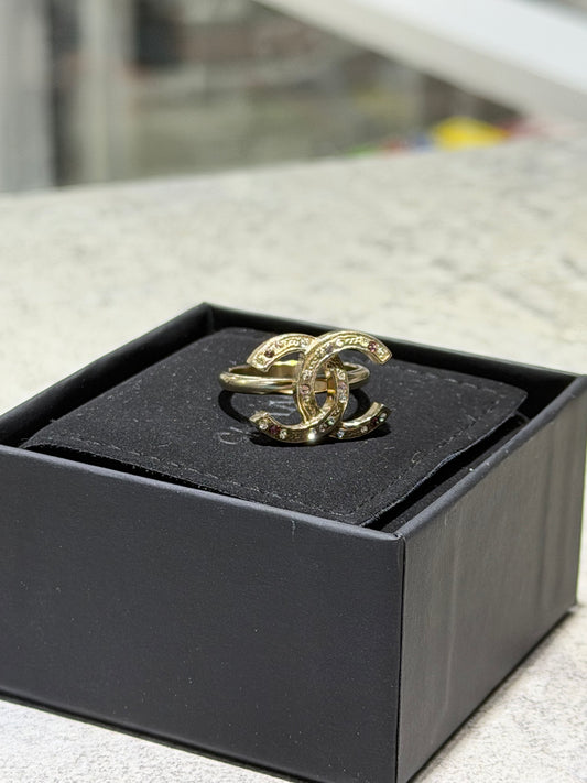 CHANEL CC LOGO CRYSTAL RING