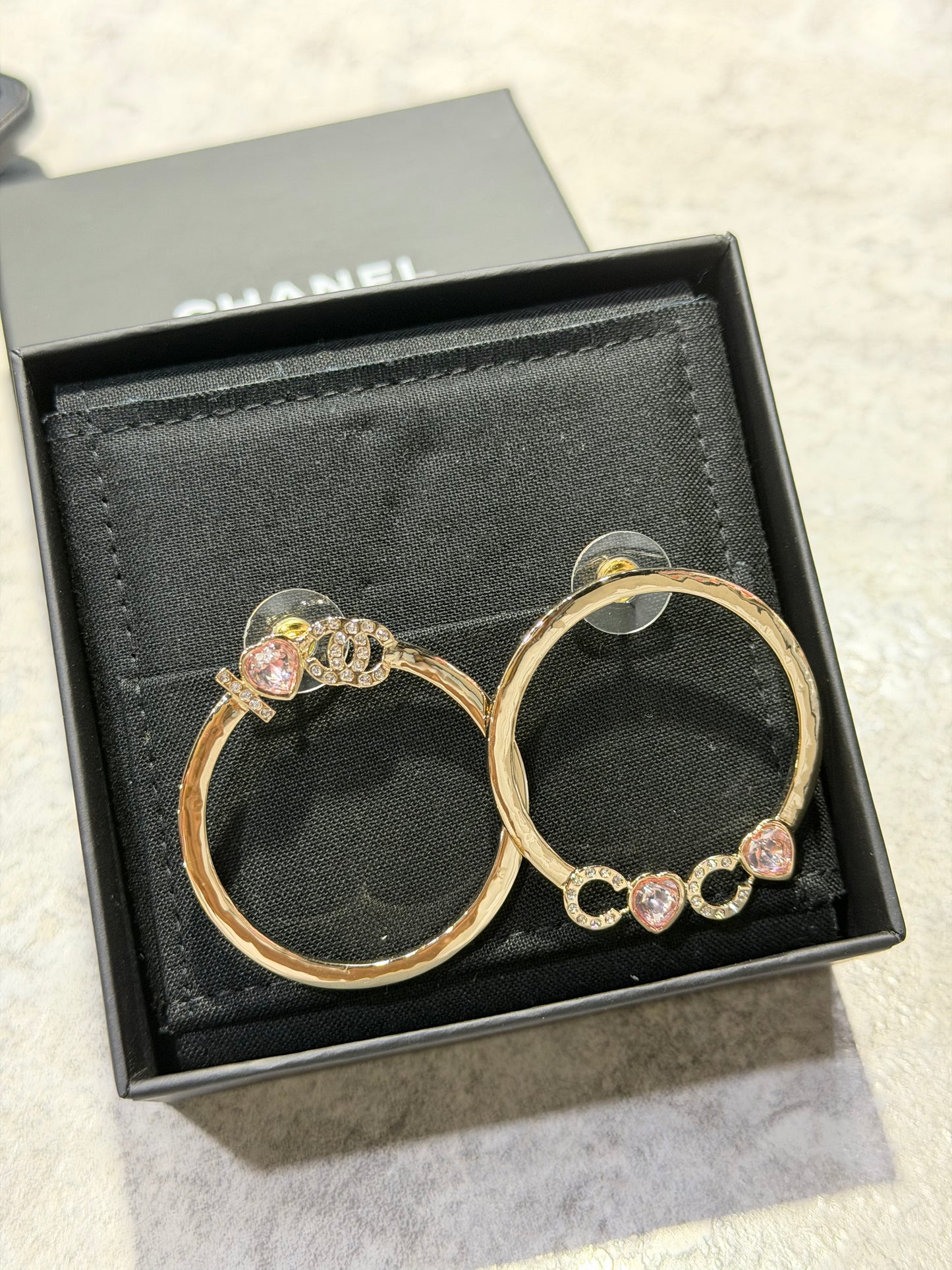 CHANEL CRYSTAL CC PINK HEART HOOP EARRINGS
