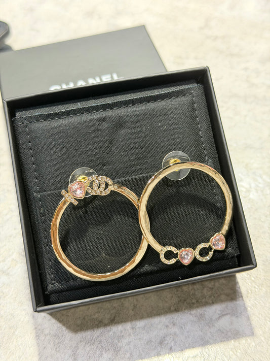 CHANEL CRYSTAL CC PINK HEART HOOP EARRINGS