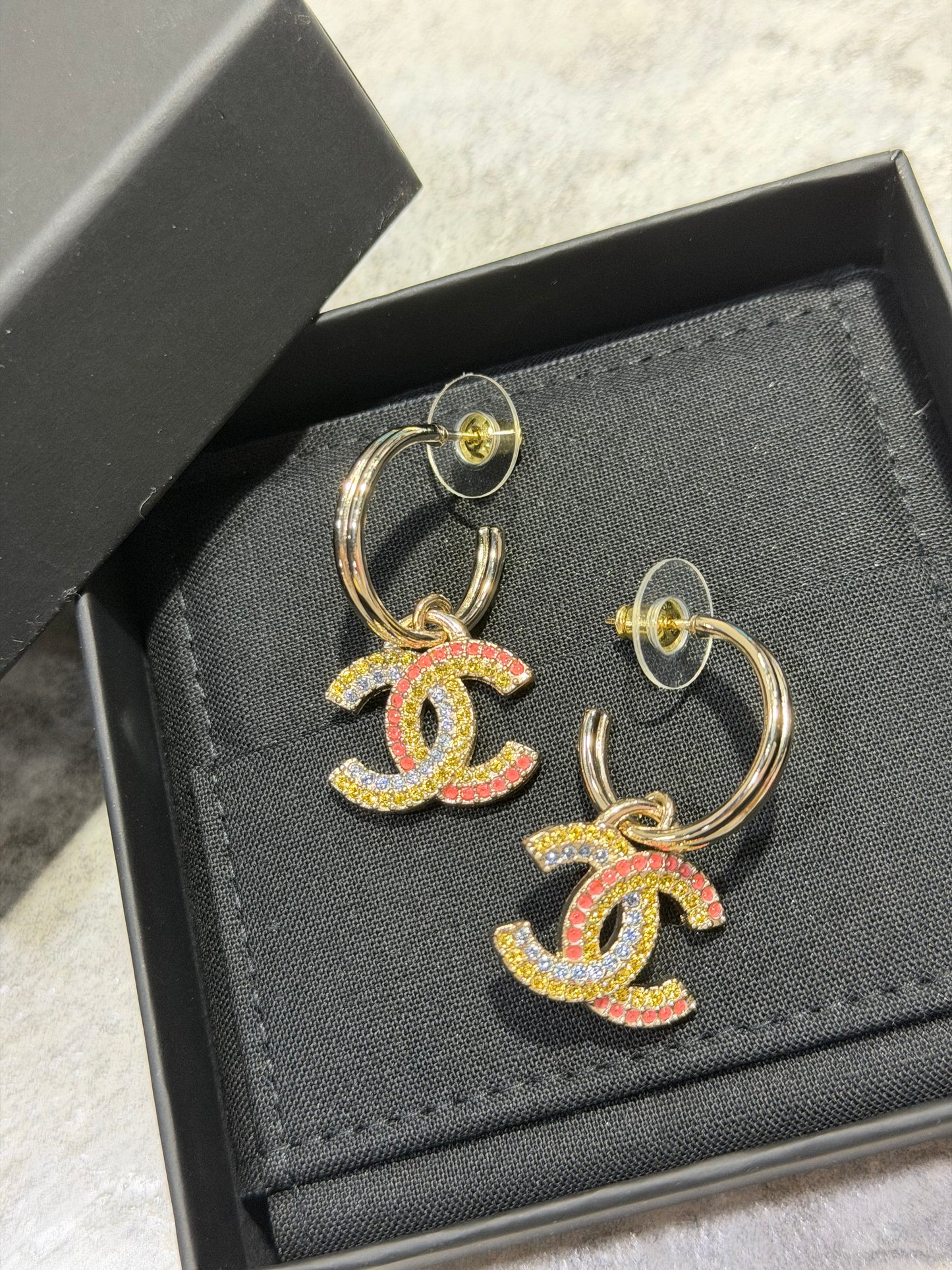 CHANEL CRYSTAL OVER THE RAINBOW CC HOOP EARRINGS