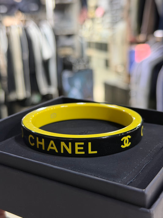 CHANEL RESIN COCO CC LOGO BANGLE BRACELET BLACK&YELLOW
