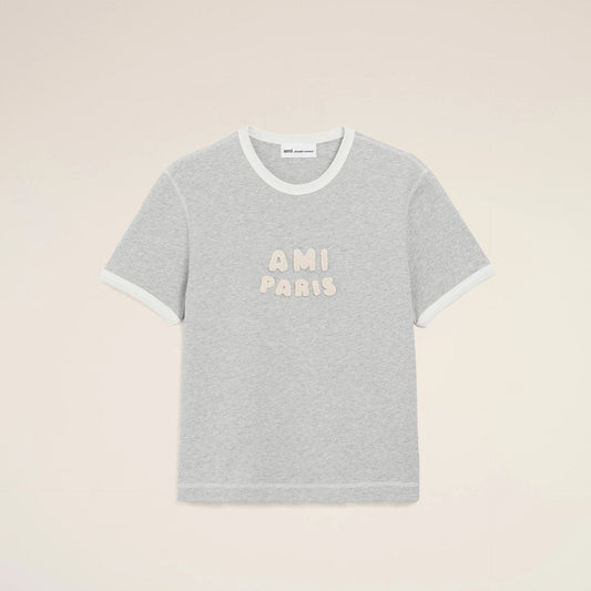 AMI PARIS GREY COTTON AMI PARIS KNITTED PATCH T-SHIRT
