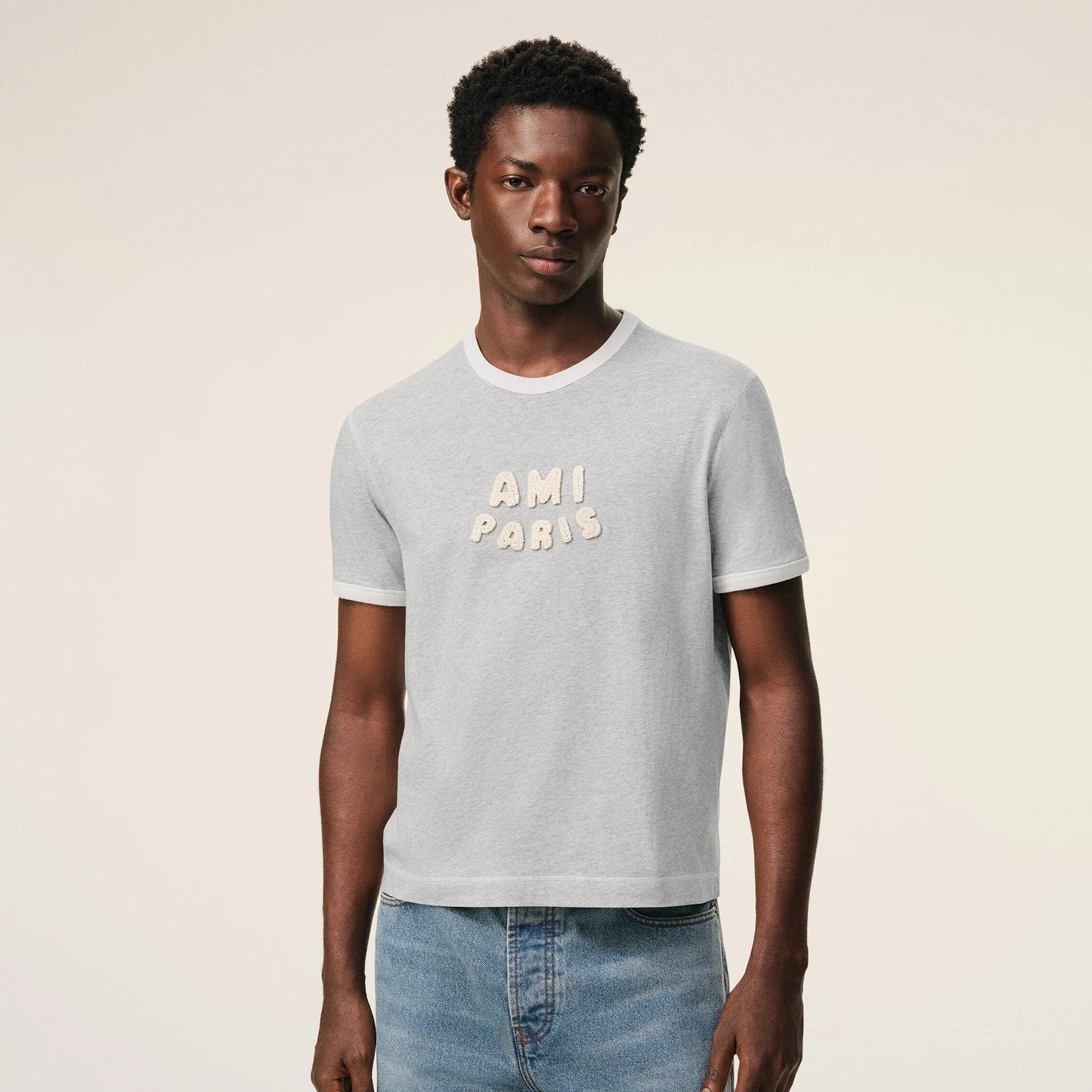 AMI PARIS GREY COTTON AMI PARIS KNITTED PATCH T-SHIRT