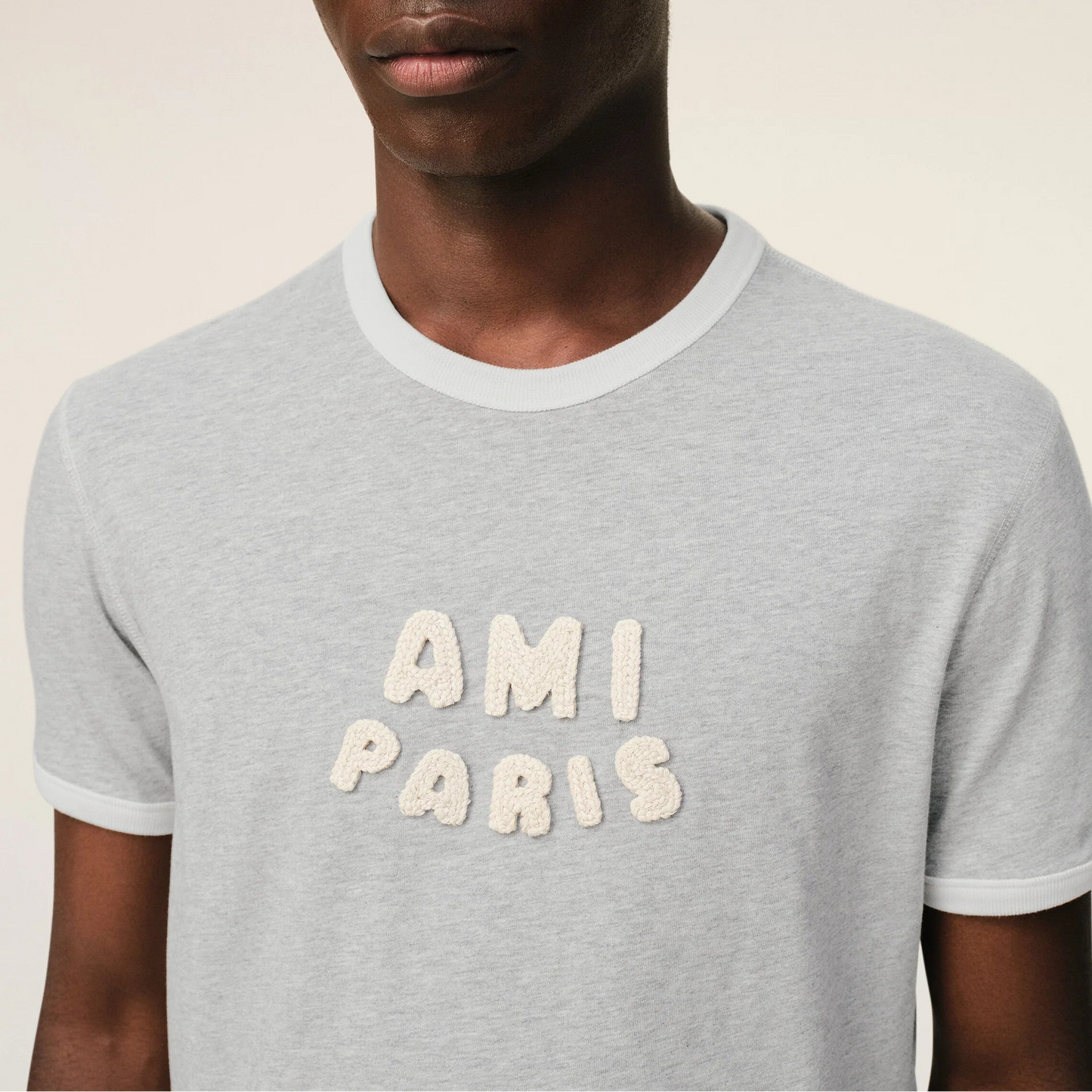 AMI PARIS GREY COTTON AMI PARIS KNITTED PATCH T-SHIRT