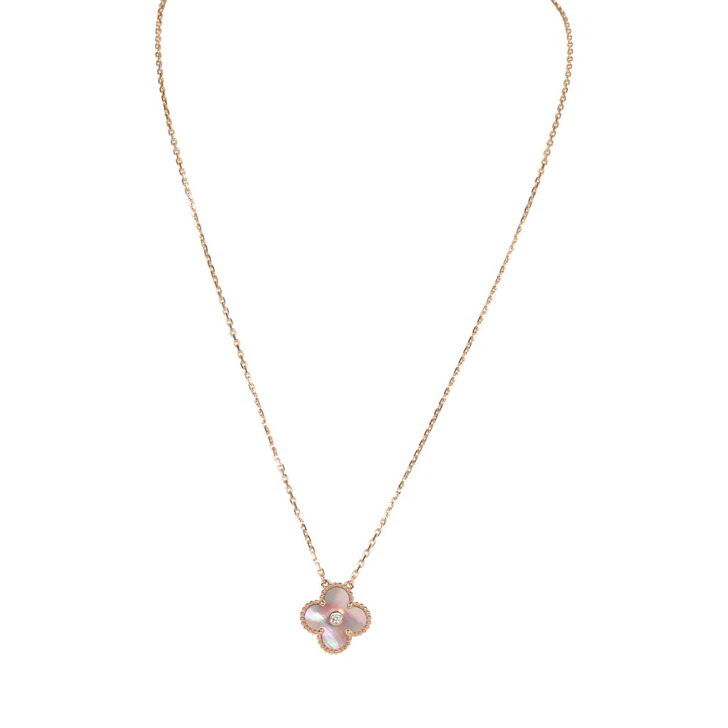 VAN CLEEF & ARPELS 2025 HOLIDAY VINTAGE ALHAMBRA PENDANT NECKLACE PINK MOTHER OF PEARL 18K ROSE GOLD HARDWARE & DIAMONDS