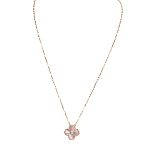 VAN CLEEF & ARPELS 2025 HOLIDAY VINTAGE ALHAMBRA PENDANT NECKLACE PINK MOTHER OF PEARL 18K ROSE GOLD HARDWARE & DIAMONDS