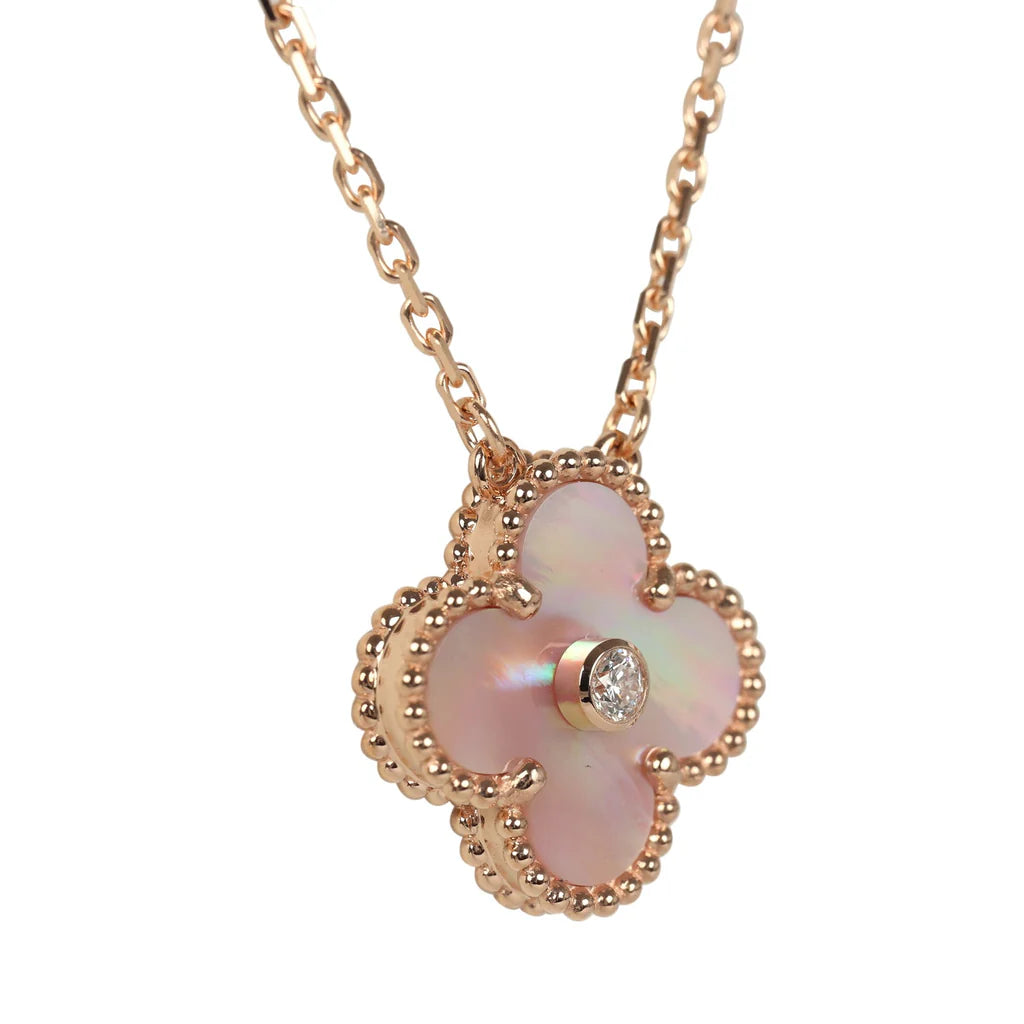 VAN CLEEF & ARPELS 2025 HOLIDAY VINTAGE ALHAMBRA PENDANT NECKLACE PINK MOTHER OF PEARL 18K ROSE GOLD HARDWARE & DIAMONDS