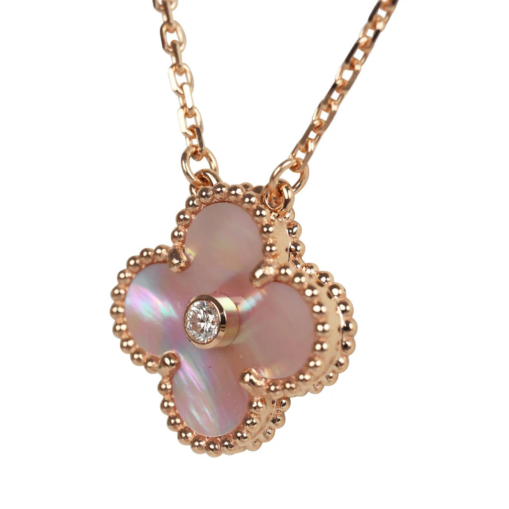 VAN CLEEF & ARPELS 2025 HOLIDAY VINTAGE ALHAMBRA PENDANT NECKLACE PINK MOTHER OF PEARL 18K ROSE GOLD HARDWARE & DIAMONDS
